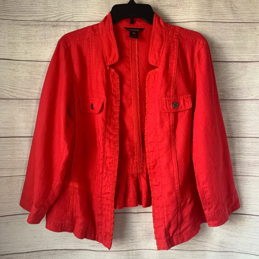 Multiples Pink Linen Blazer Jacket with Ruffle Detail 3/4 Sleeves Size L